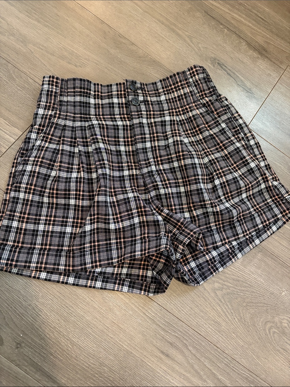 American Eagle Outfitters Plaid High-Waist Shorts - Black, Tan, White
